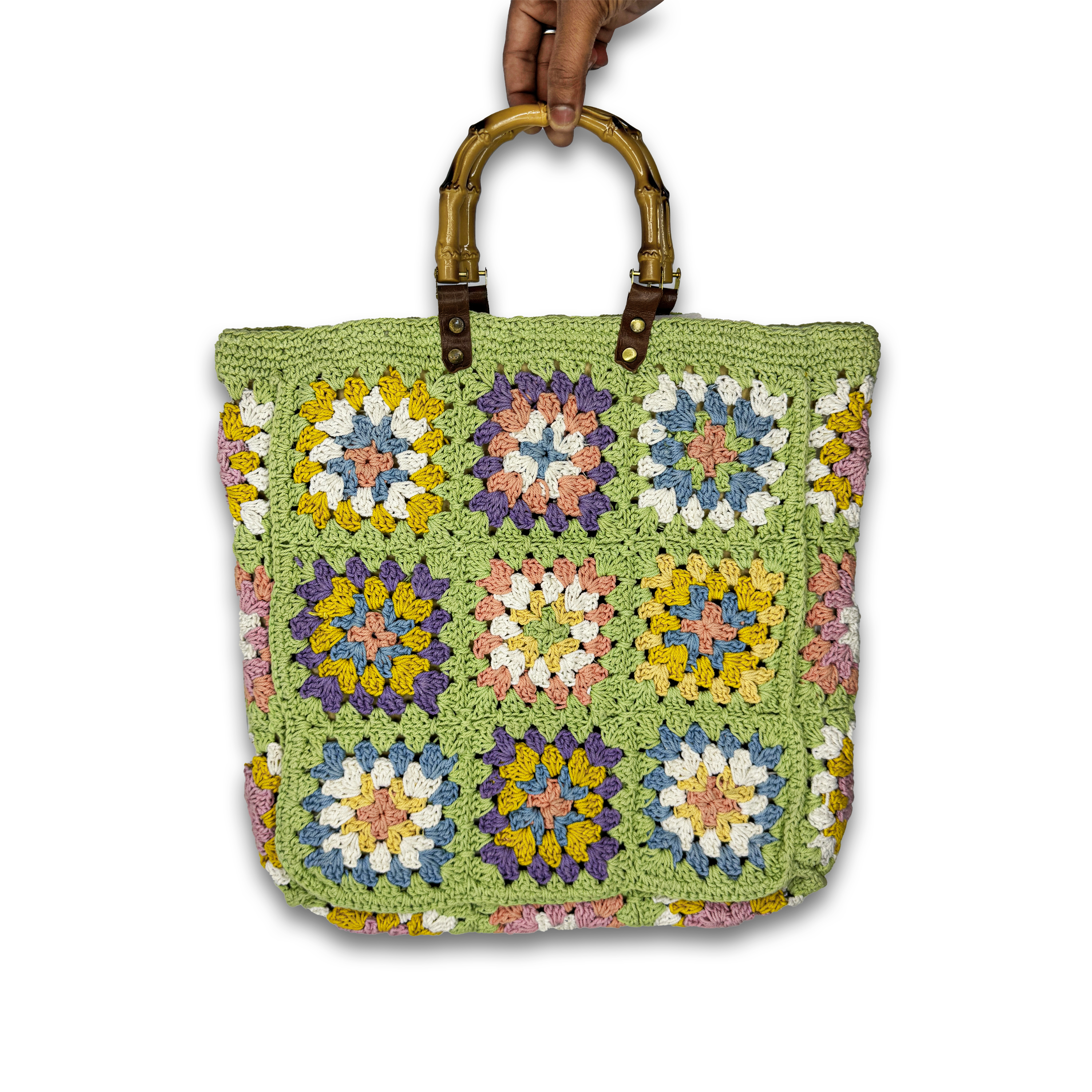 Pastel Bloom Crochet Tote Bag With Artificial Bamboo Handle